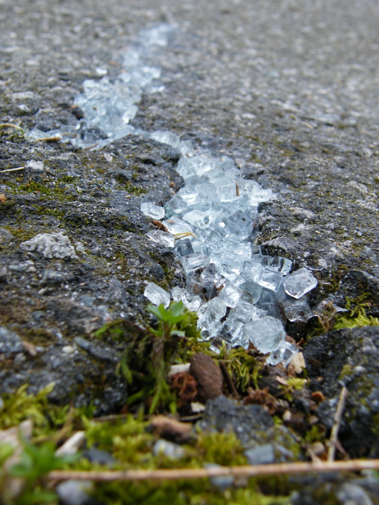 sidelong view of a sidewalk fissure filled with clear-white cubes of broken safety glass.