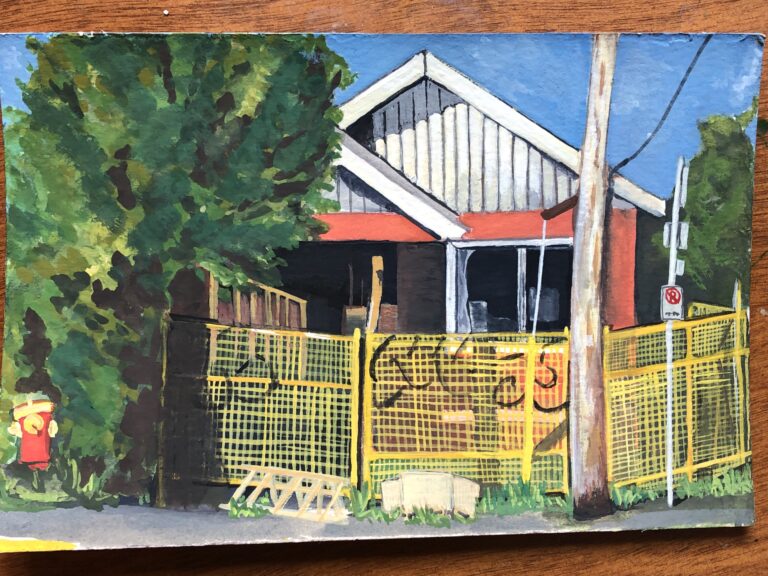 Small gouache painting of an early 20th century house in orange and white, its front missing and a yellow security fence out front, covered in graffiti.