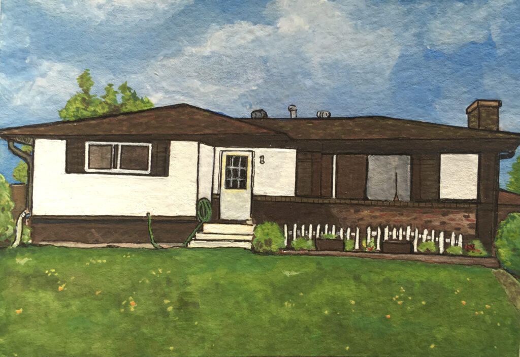 Small gouache painting of a 70s rancher style house in brown and white with a large front lawn and big blue sky behind.