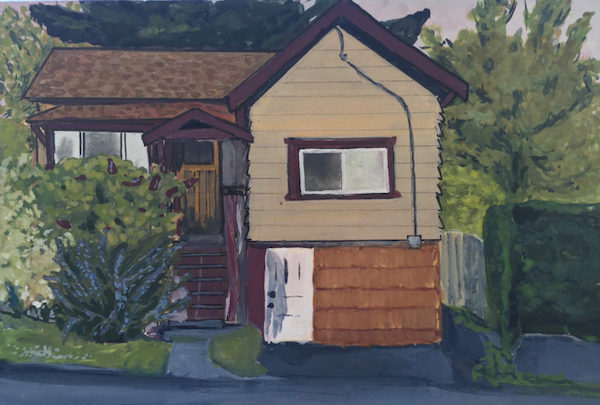 A small gouache painting of an early 20th century home with beige painted siding with maroon trim and a large flowering rosemary bush out front.