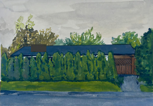A small gouache painting of a rancher house almost completely hidden behind a row of small cedar hedges.