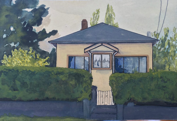 A small gouache painting of an early 20th century house in cream stucco with bushes out front.