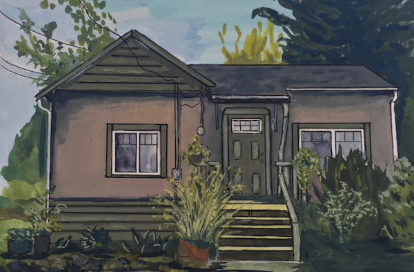 A small gouache painting of an early 20th-century home with soft brown stucco and olive green wooden siding. The front door is painted green also.