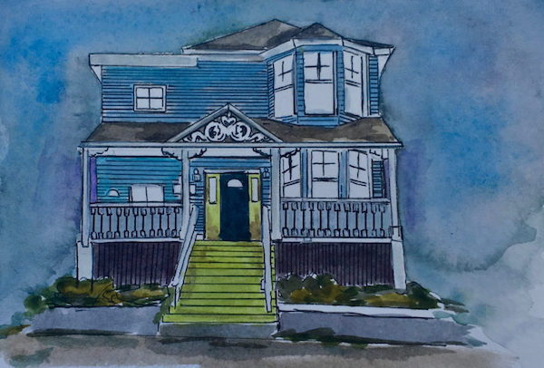 A small watercolour & gouache painting of a stately Victorian home with 2 bay windows, a large front porch and gingerbread trim. The home is painted sky blue with lime green accents.