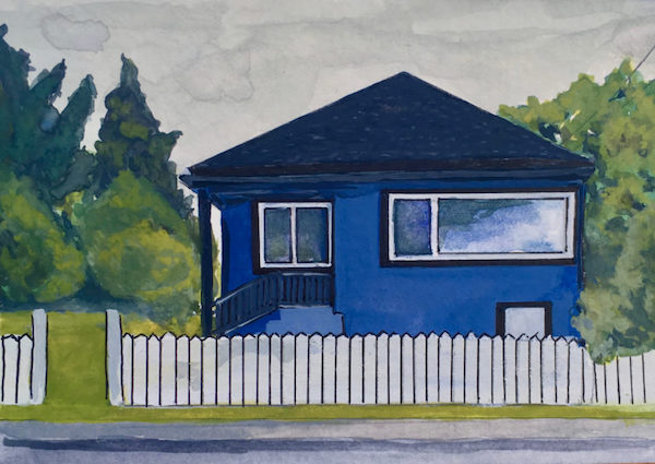 A small gouache painting of an early 20th century miner's home painted royal blue with a white picket fence out front.