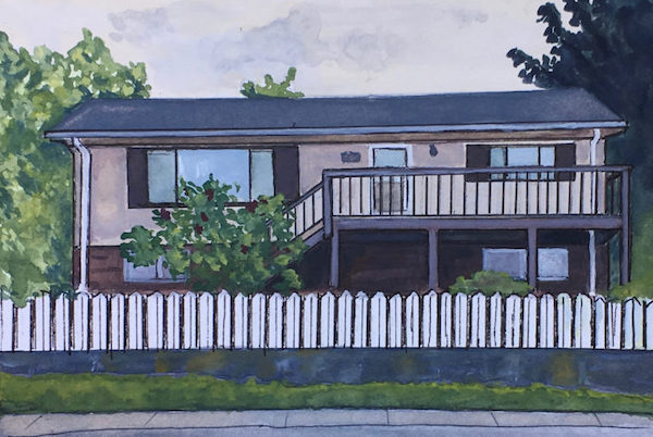 A small gouache painting of a 1970s style home in beige with brown shutters and trim and a white picket fence out front.